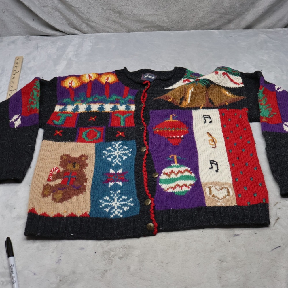 Woolrich Sweater Womens Large Black Christmas Knit Cardigan Button Front 80s VTG